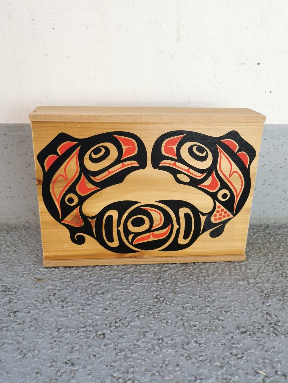 Vintage Indigenous Art Sliding Wooden Smoked Salmon Gift Box Twin Salmon